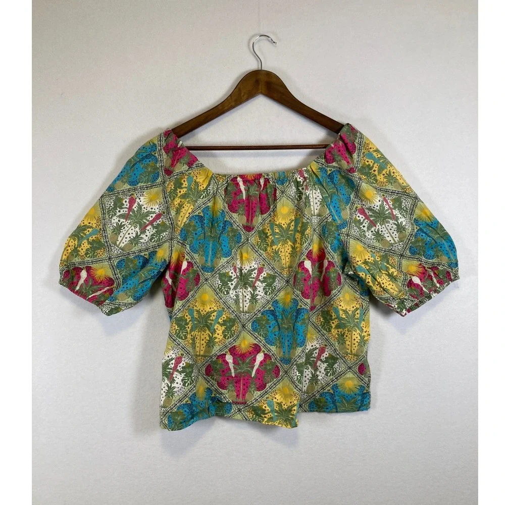 Tropical Boho LOFT Women Large Multicolor Square Neck Puff Sleeve Tile Print Top